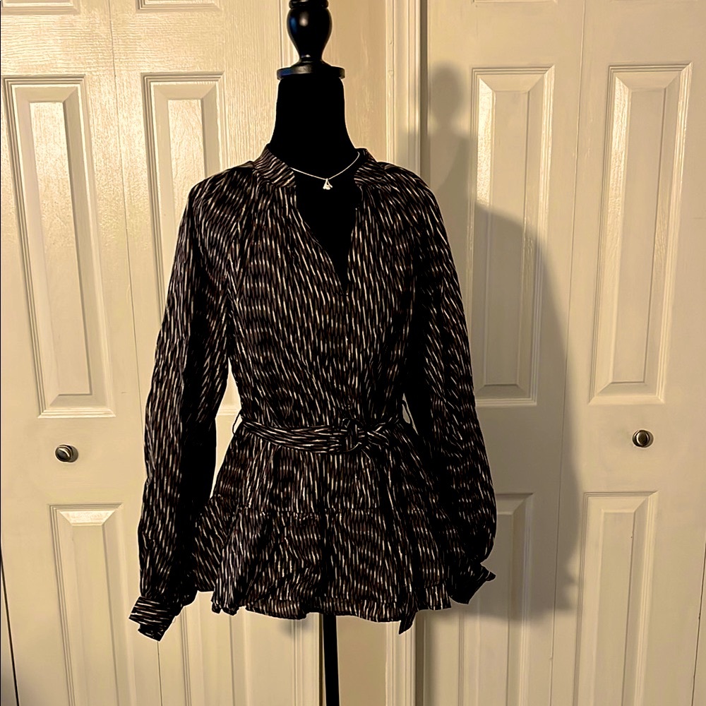 Banana Republic Brown, Black, and Cream Peplum Blouse with same fabric belt